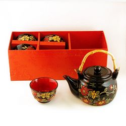 Набор чайный: чайник + 4 пиалы, чёрный с цветами